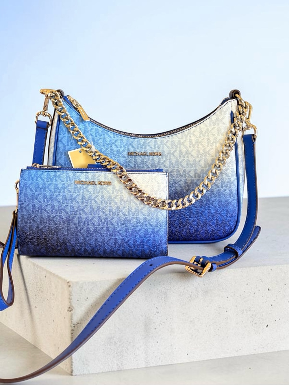 Michael Kors Blue Ombre Logo Shoulder Bag with Matching Wristlet